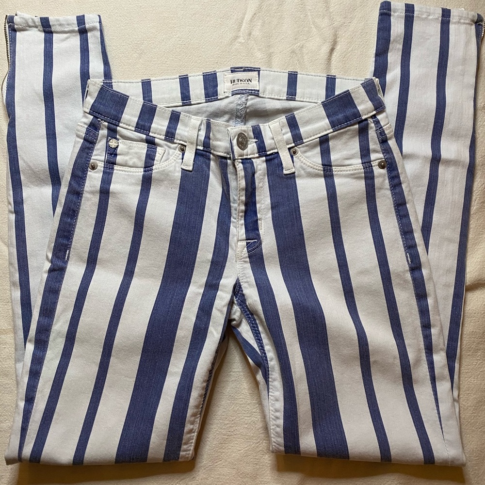 Hudson 26 blue & white stripe ankle zip denim jean